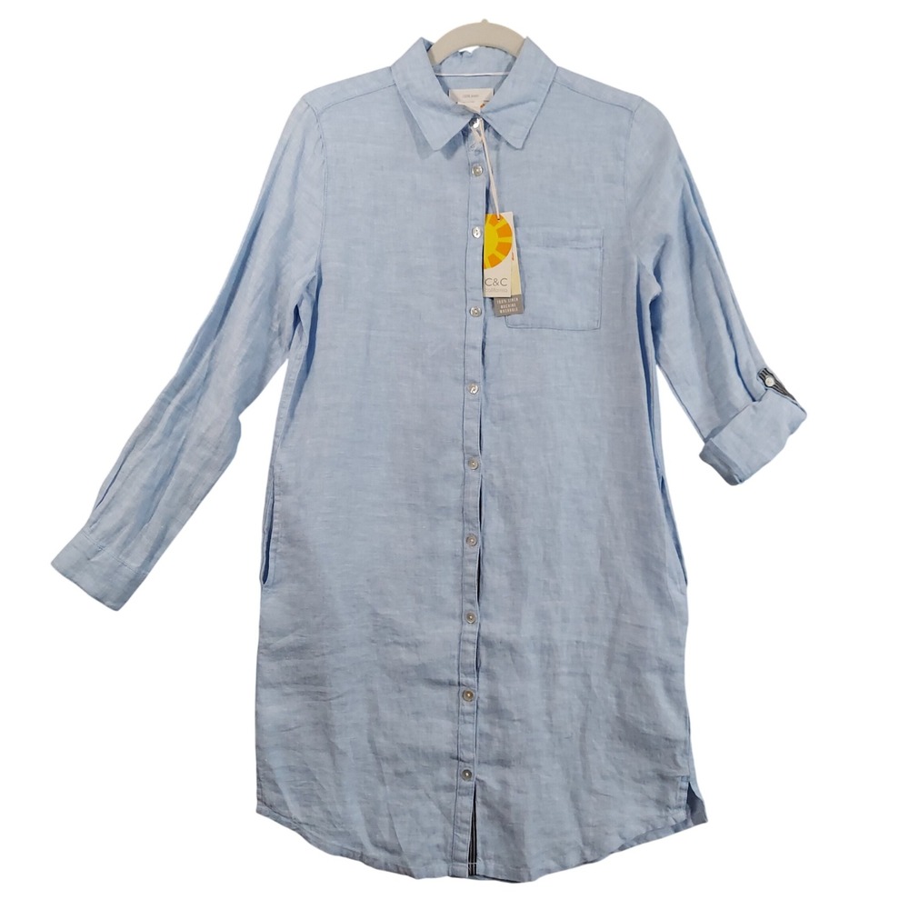 C&C California Shirt Dress Women XS Light Blue 100% Linen Roll-Tab Sleeve Pocket
